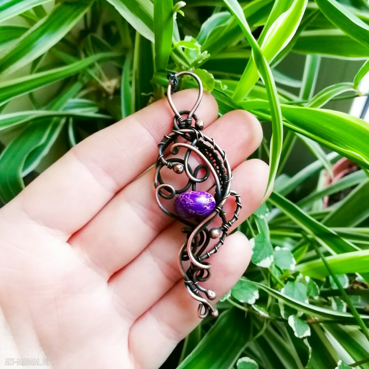 Purple elegance - naszyjnik z jaspisem cesarskim (miedź - wire wrapping)