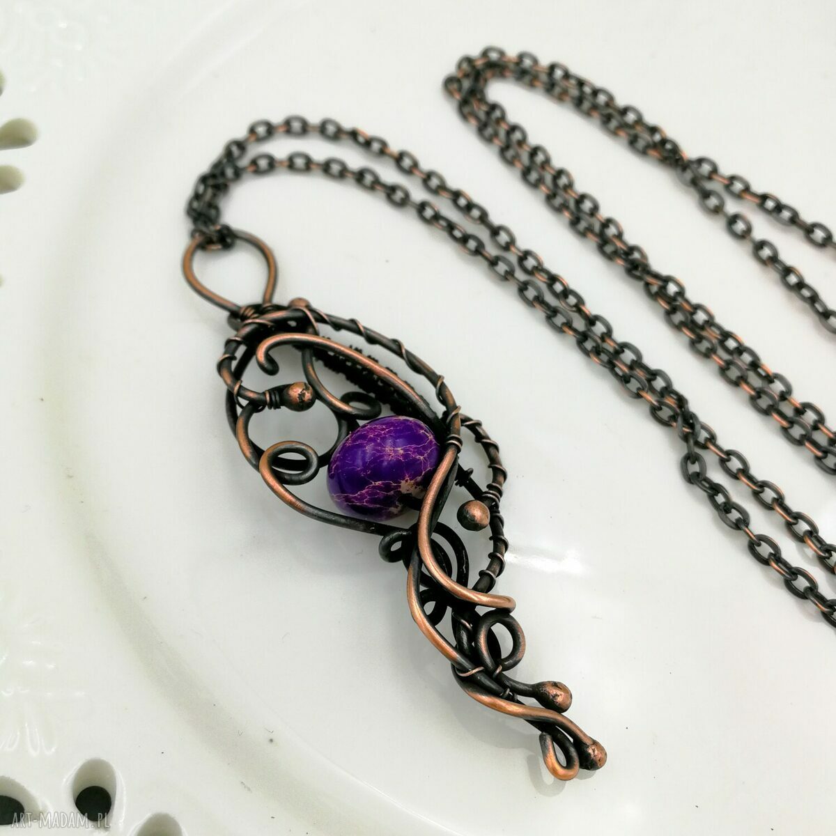 Purple elegance - naszyjnik z jaspisem cesarskim (miedź - wire wrapping)
