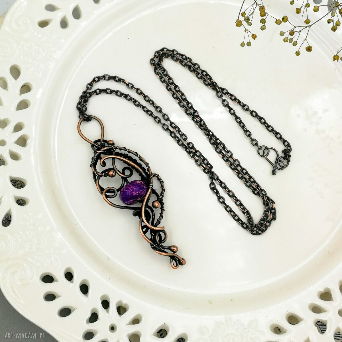 Purple elegance - naszyjnik z jaspisem cesarskim (miedź - wire wrapping)