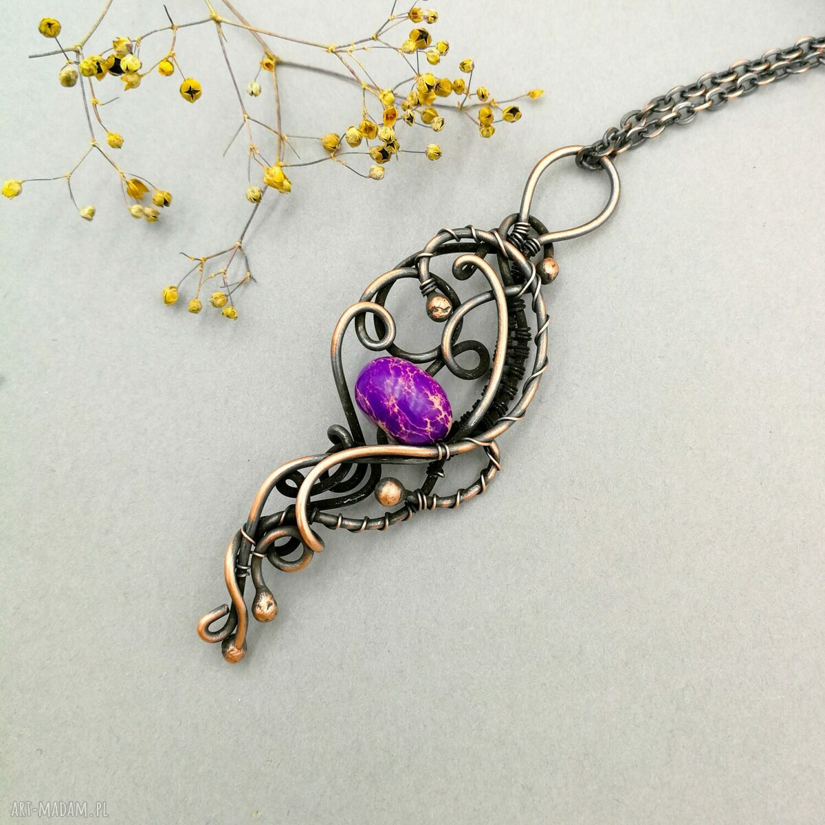 Purple elegance - naszyjnik z jaspisem cesarskim (miedź - wire wrapping)