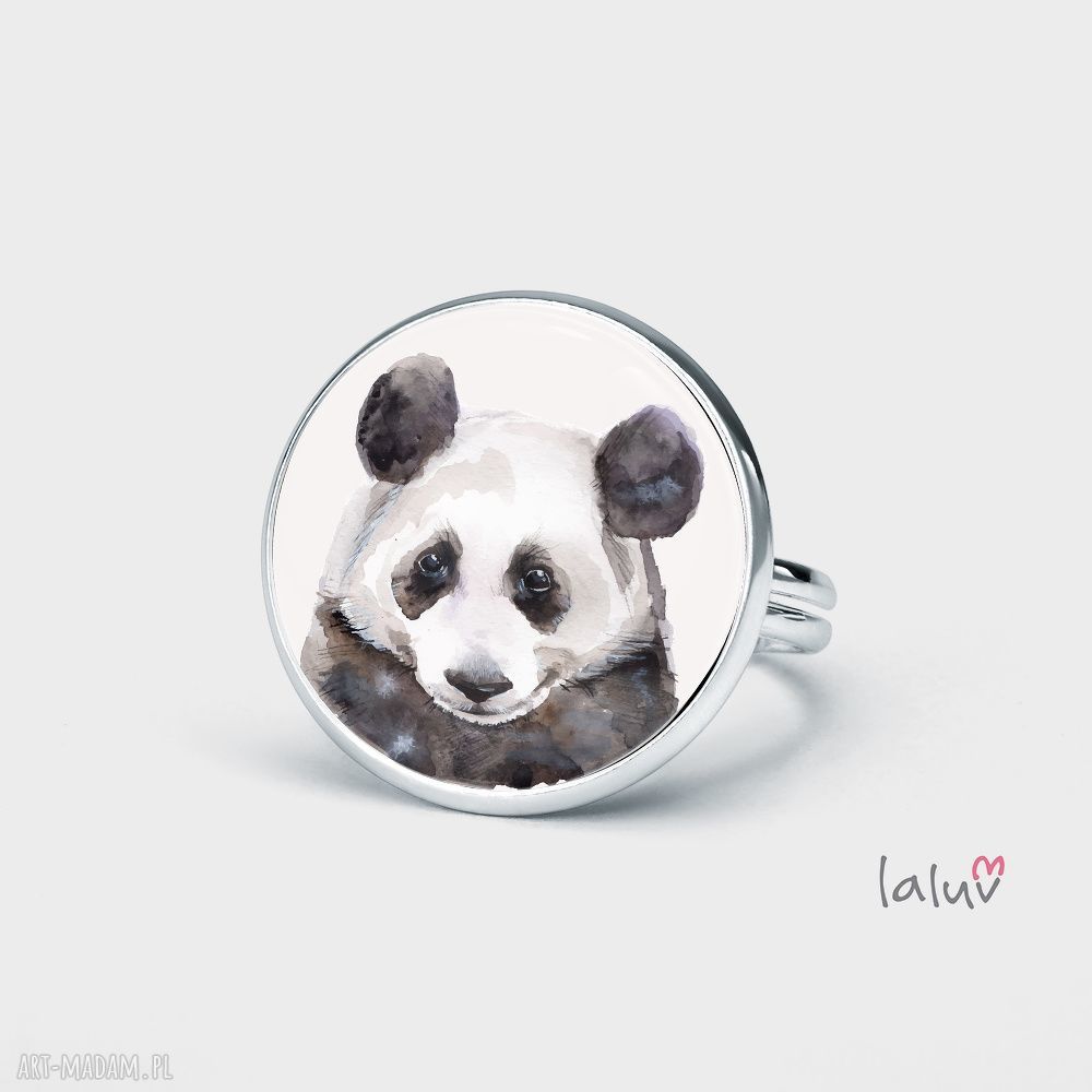Laluv Pierścionek PANDA czarno-biały - regulowany, ręcznie robiony z grafiką pod wypukłym szkiełkiem