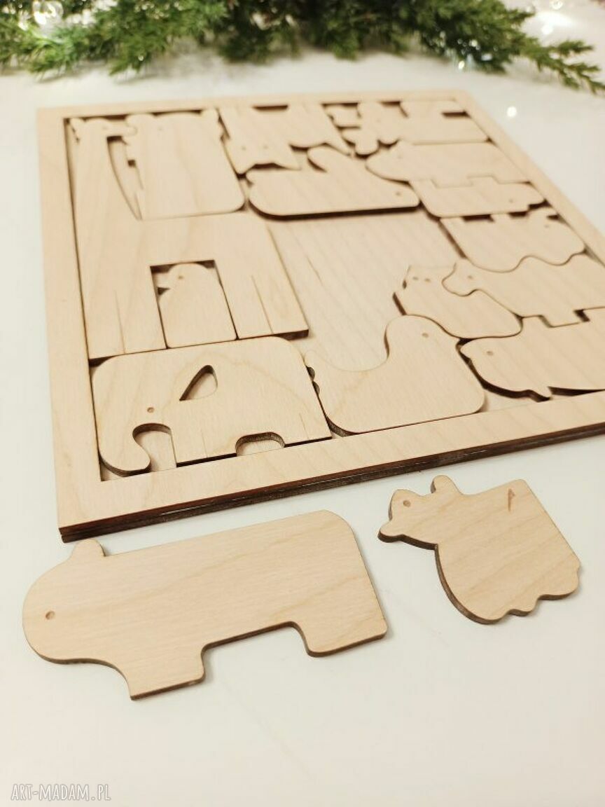 Puzzle łamigłówka Zwierzątka Montessori ze sklejki 20x20 cm - handmade