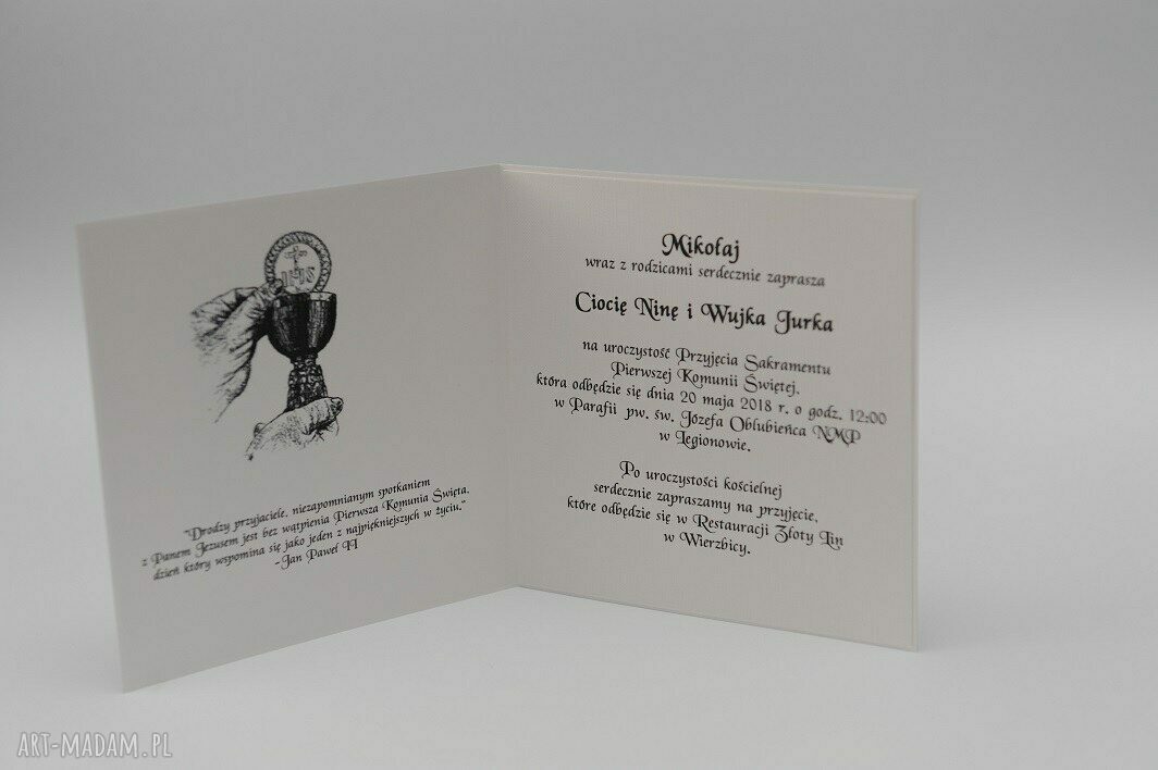 Zaproszenia na I Komunię Świętą - personalizowane 15x15 cm, białe wielowarstwowe z kopertą