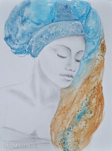 Raisa - akwarela i rysunek ręcznie malowany, portret kobiety (32 x 24 cm)