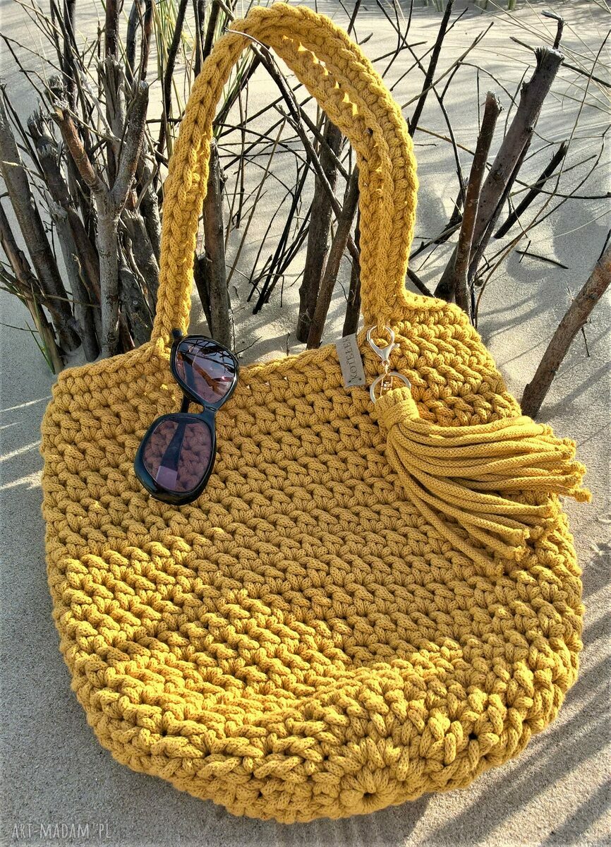 Torba na ramię w kolorze musztardowym - szydełkowa ze sznurka, handmade