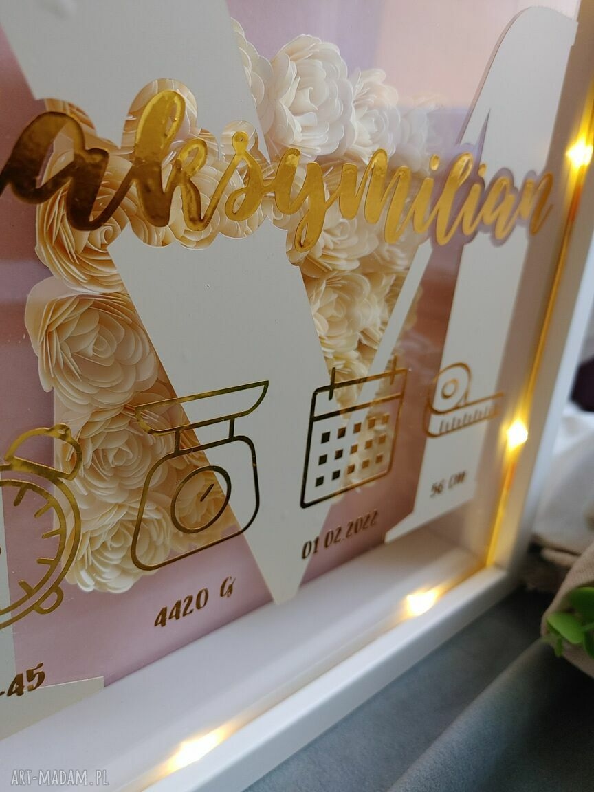 Ramka 3D z podświetleniem METRYCZKA - pamiątka chrztu