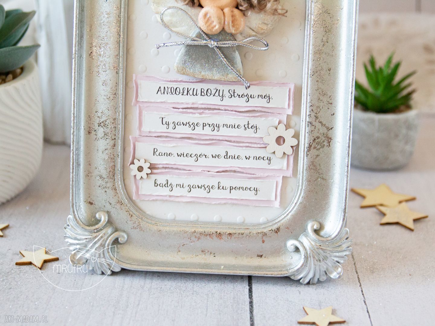 scrapbooking kartki: Ramka z Aniołkiem Stróżem, fragment modlitwy Aniele Boży. PAMIĄTKA NARODZIN
