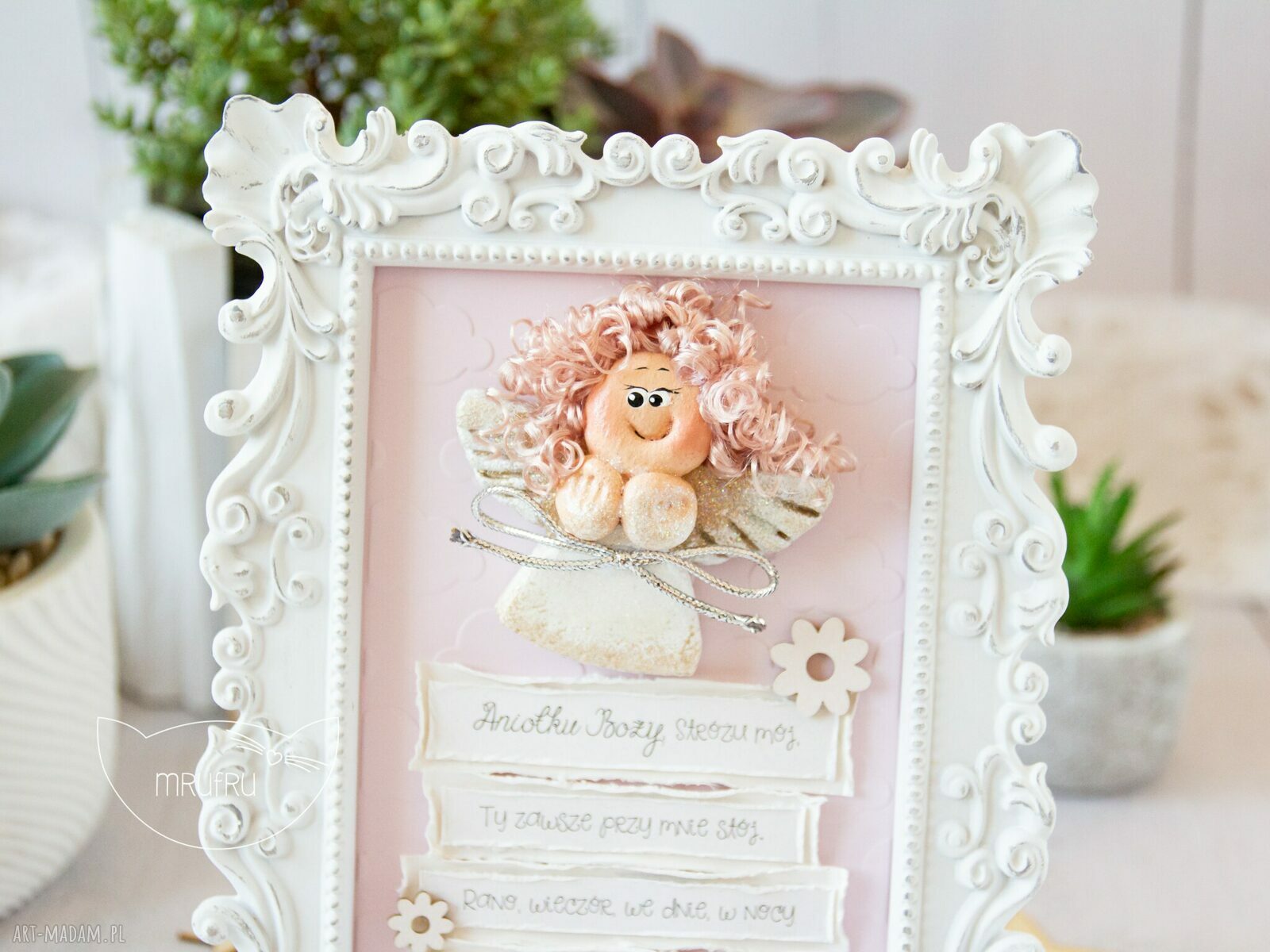akcesoria: Ramka z Aniołkiem Stróżem, fragment modlitwy Aniele Boży. PAMIĄTKA NARODZIN
