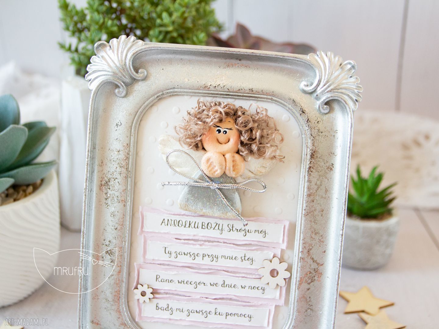 scrapbooking kartki: Ramka z Aniołkiem Stróżem, fragment modlitwy Aniele Boży. PAMIĄTKA NARODZIN