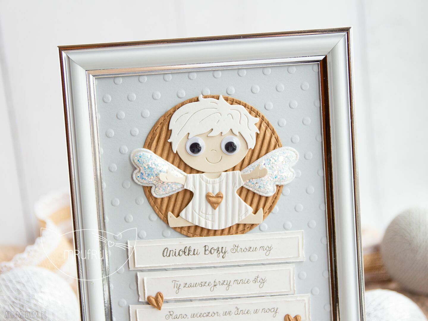 akcesoria: Ramka z ANIOŁKIEM STRÓŻEM oraz modlitwą. NARODZINY, ROCZEK, CHRZEST, I KOMUNIA