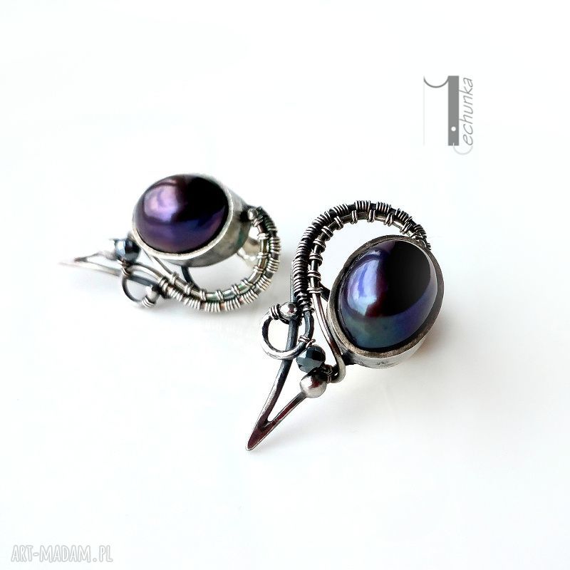 Raven srebrne kolczyki perłami srebro perły wirewrapping kobiece