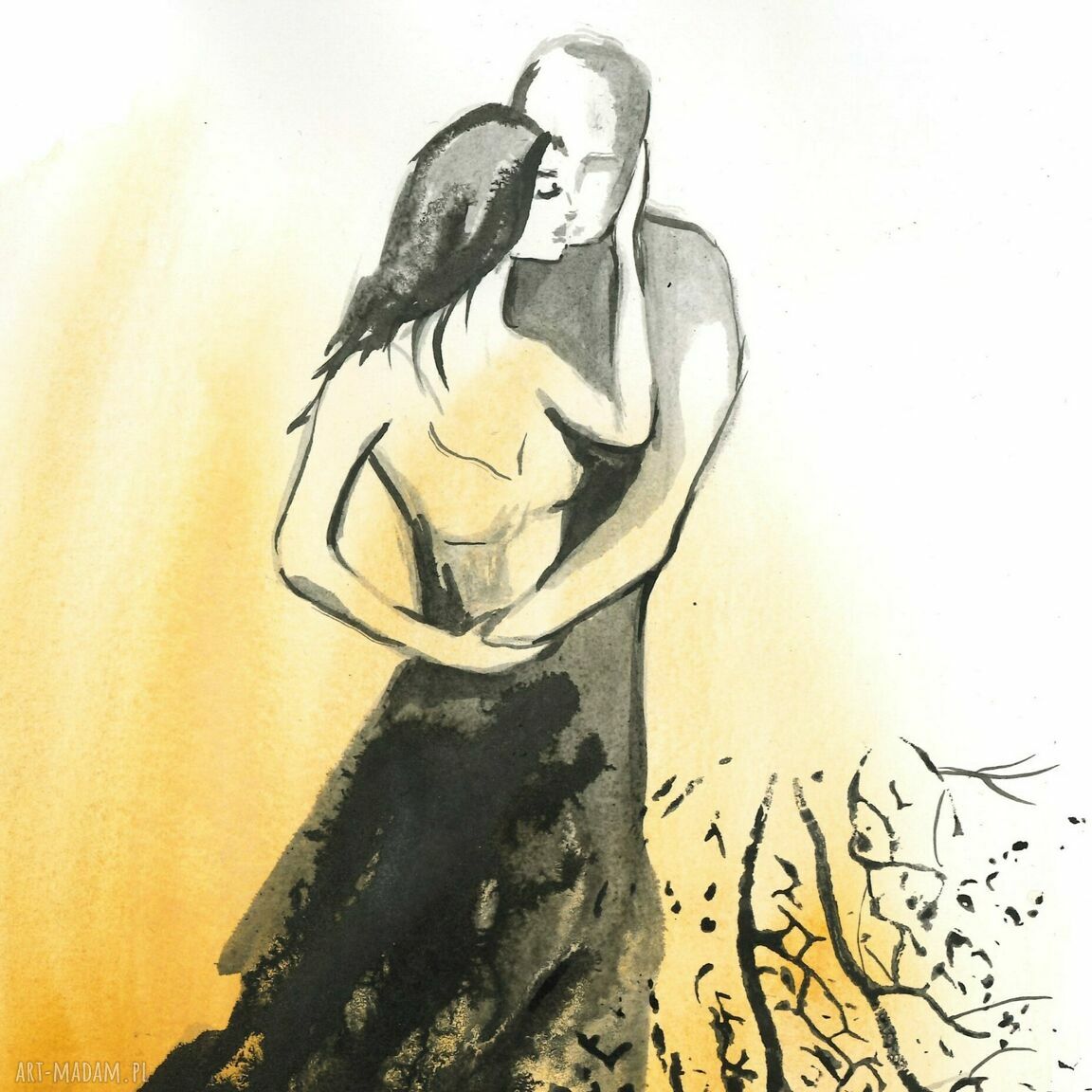 „Razem” - akwarela 21 x 30 cm (A4), para osób w beżach i czerni