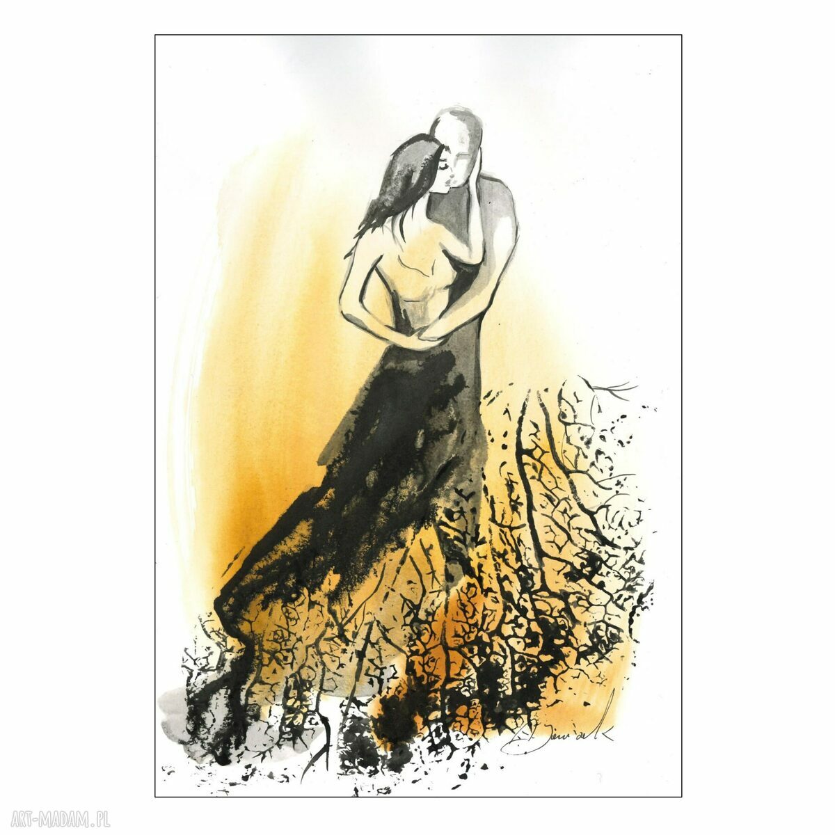 „Razem” - akwarela 21 x 30 cm (A4), para osób w beżach i czerni