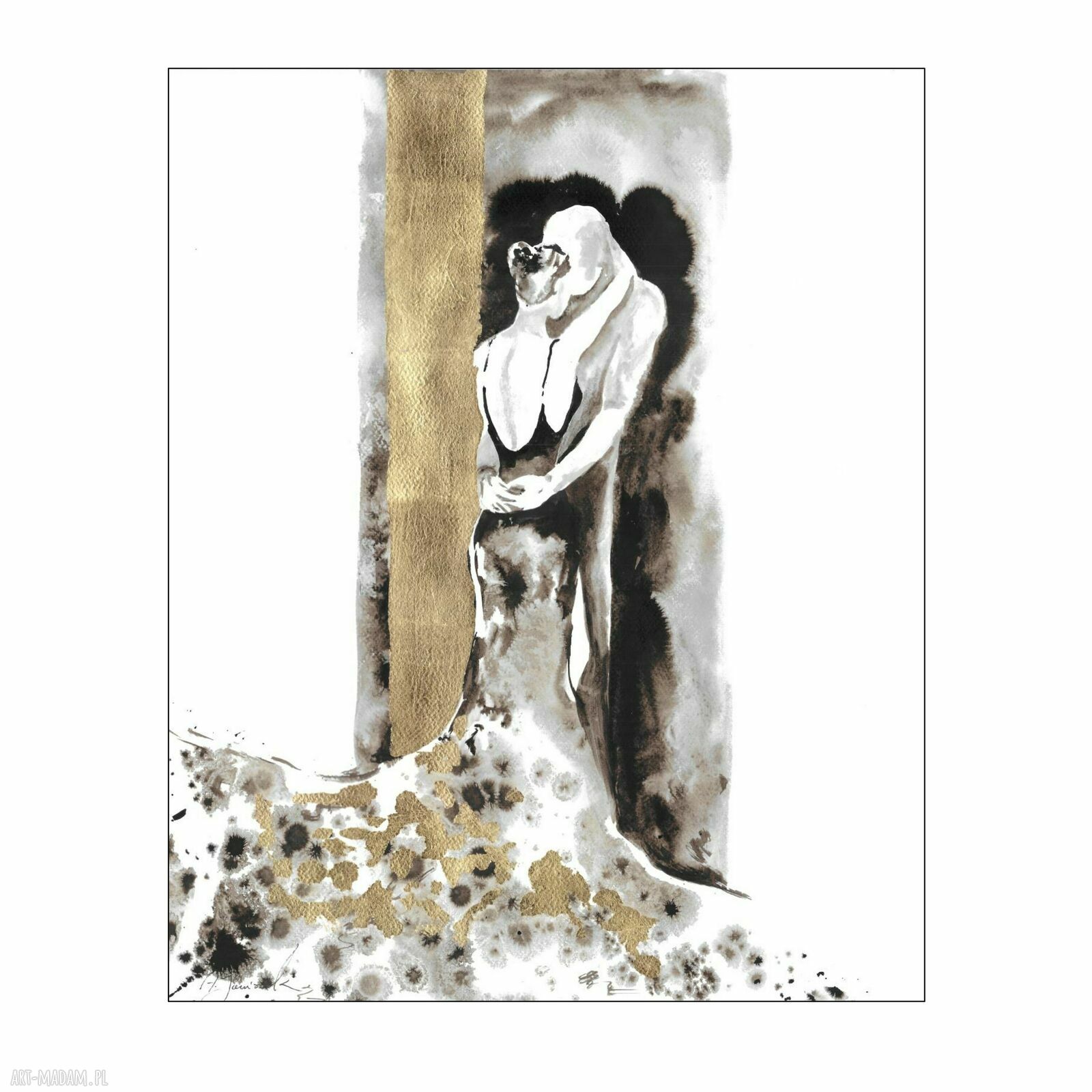 „Razem” - ręcznie malowana i złocona grafika 53 x 45 cm