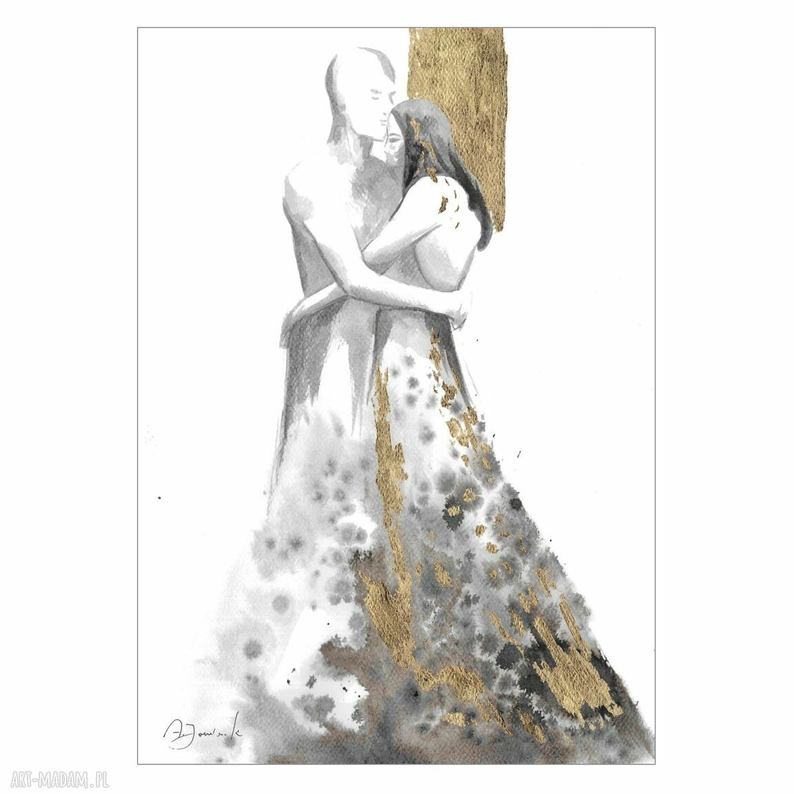 Grafika „Razem” ręcznie malowana i złocona 30x42 cm
