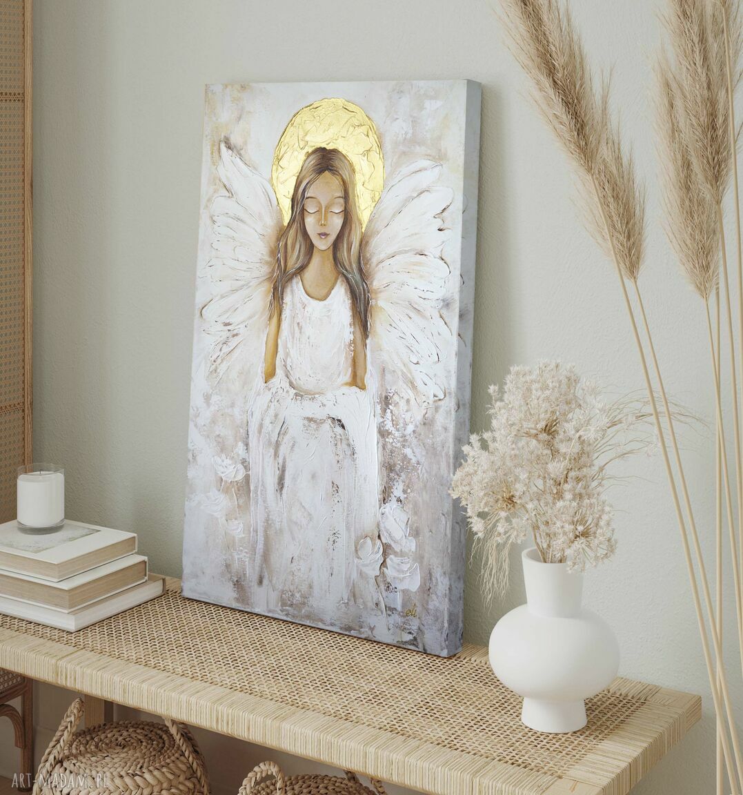 Ręcznie malowany Anioł Stróż na płótnie 40x60 cm - Twoja dedykacja