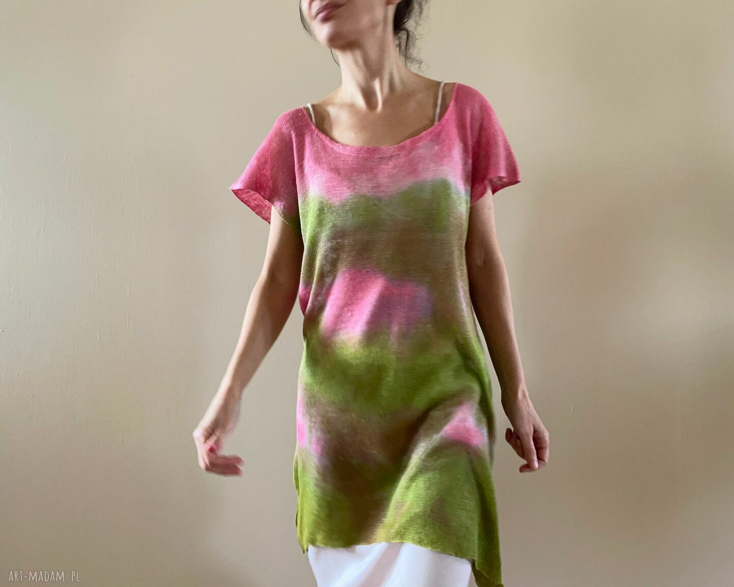 Ręcznie barwiona lniana tunika róż i zieleń 100% len one size S/M/L