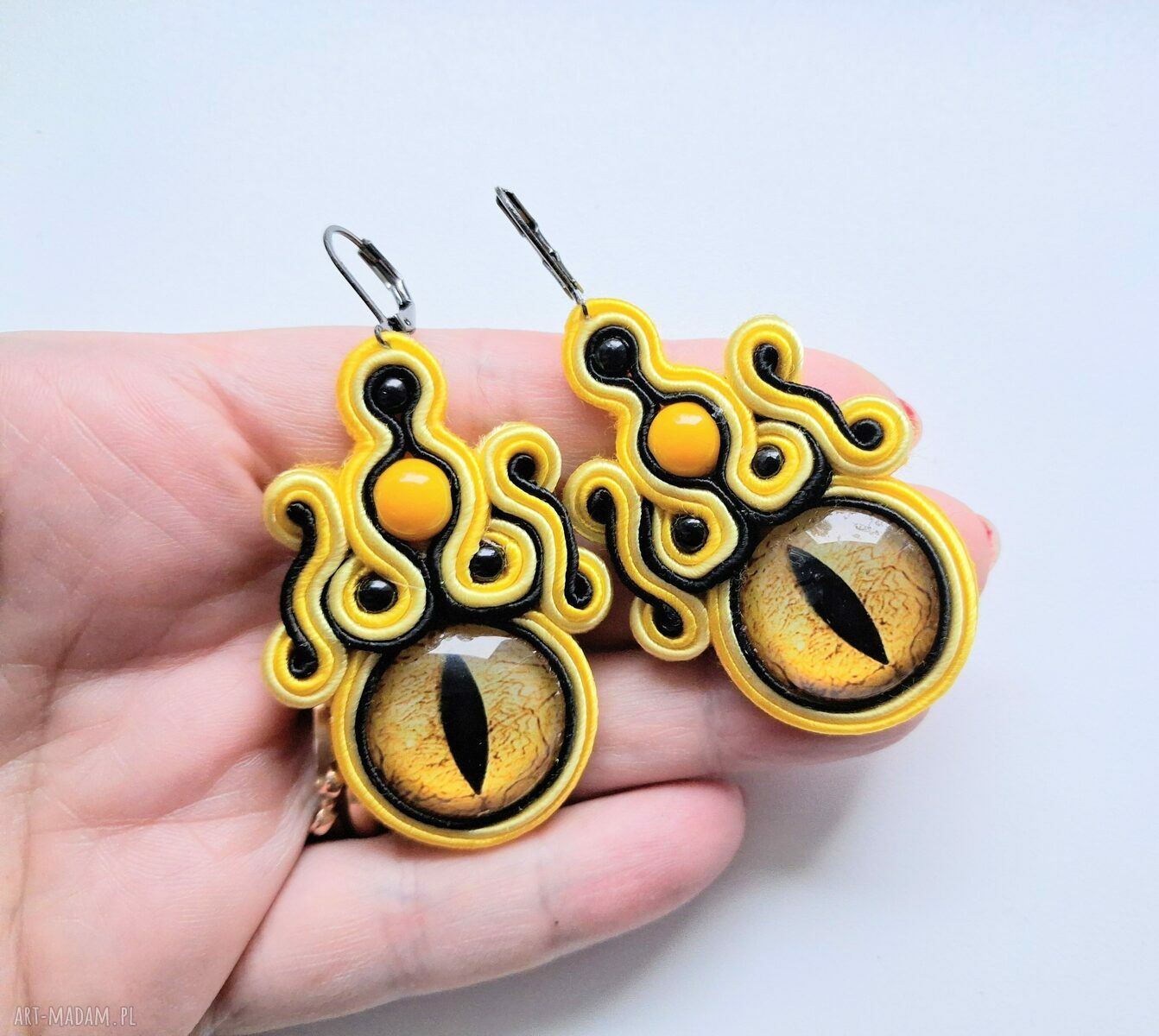 Kolczyki sutaszowe Yellow Dragon - ręcznie haftowane smocze oko (6,5 cm)