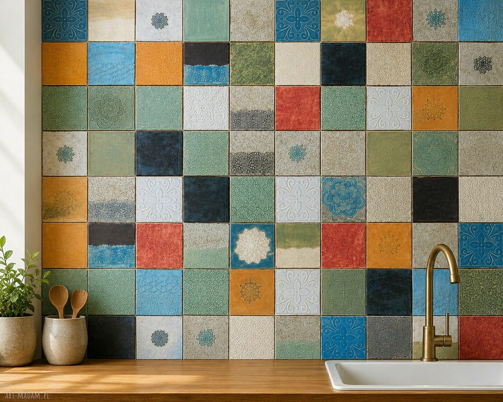 Ręcznie formowane kafle ceramiczne 9x9 cm w stylu boho