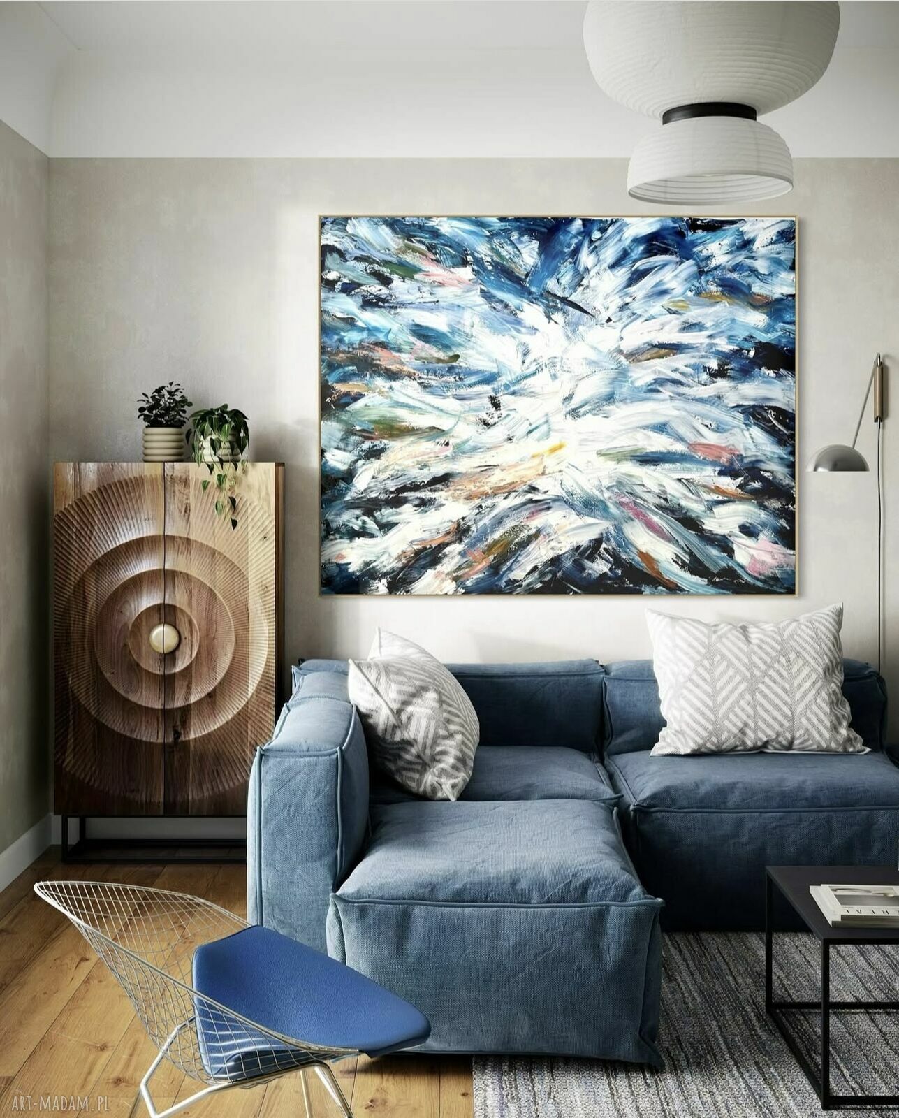 Nowoczesny obraz abstrakcyjny ręcznie malowany 100x140 cm w granacie