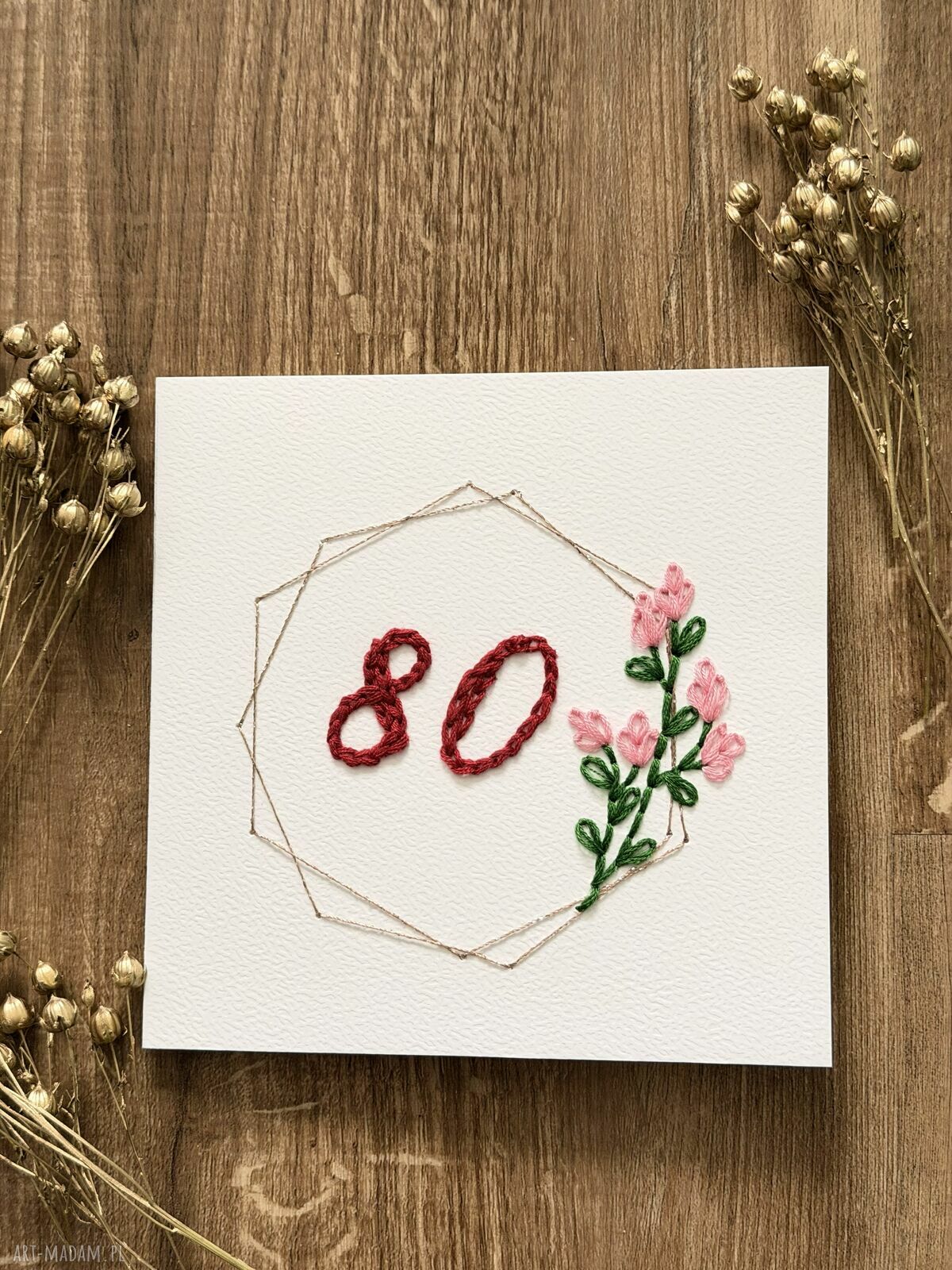 Kartka na 80 urodziny ręcznie haftowana - pamiątka w kopercie