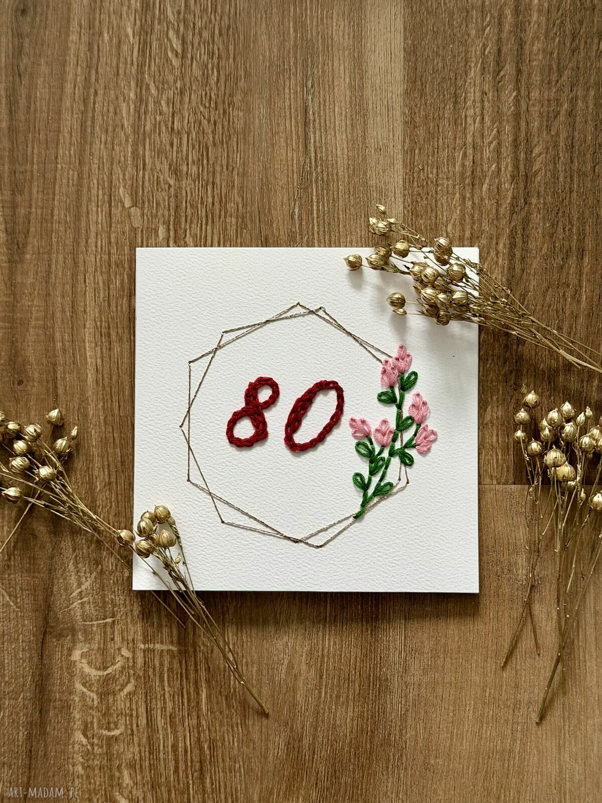 Kartka na 80 urodziny ręcznie haftowana - pamiątka w kopercie