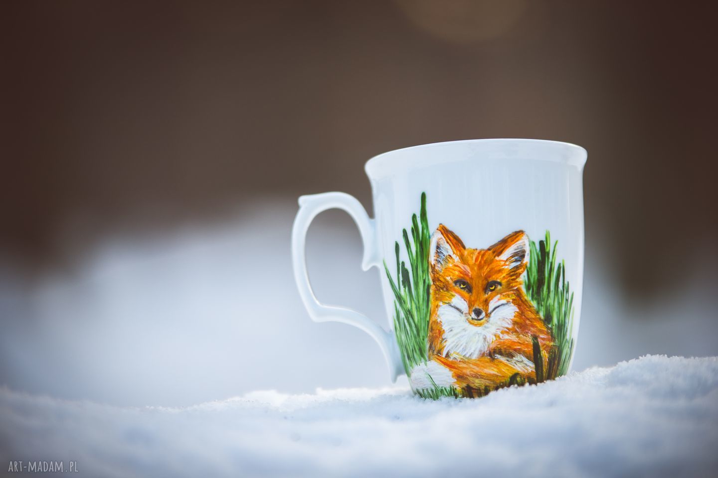 Kubek ręcznie malowany lis z porcelany - 360 ml