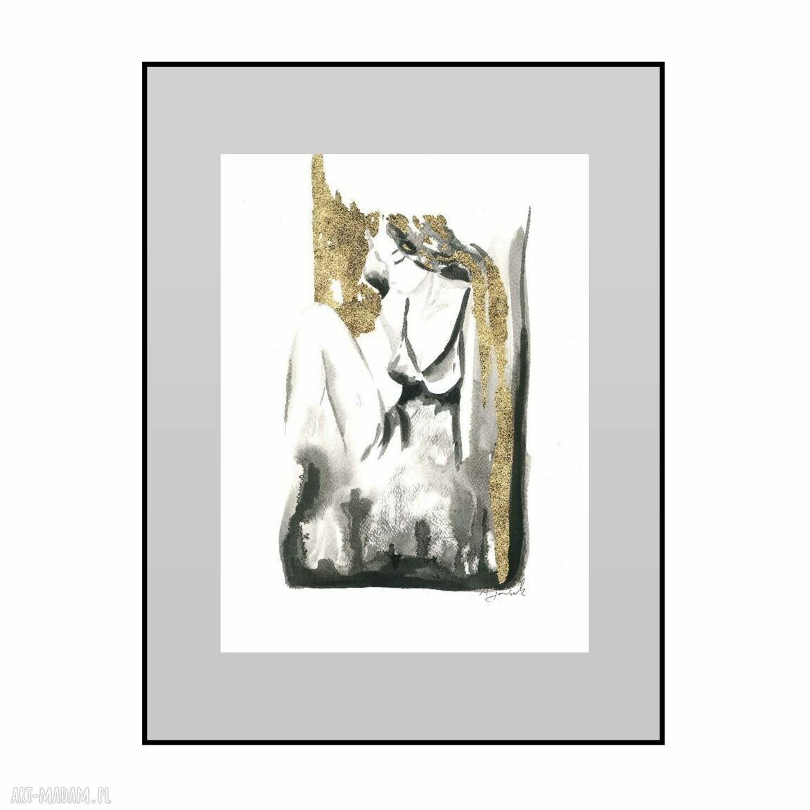 Ręcznie malowana i złocona grafika z cyklu „ONA” 30x40 cm
