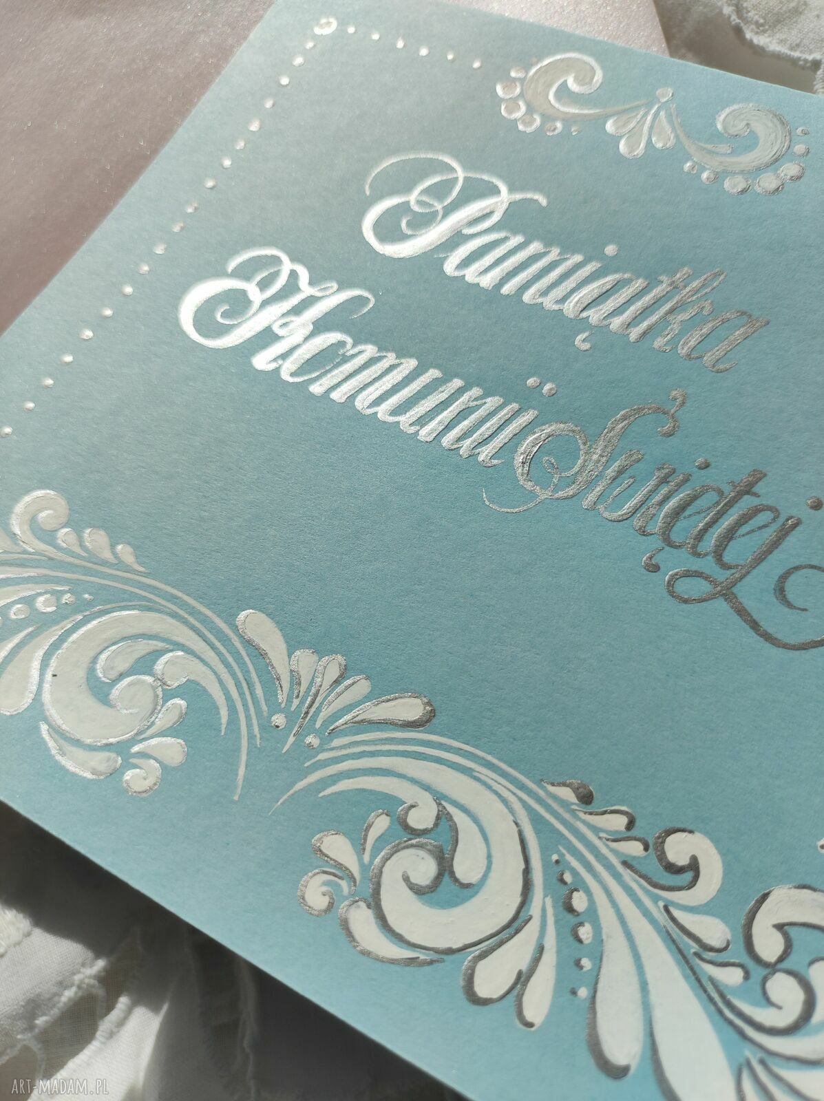 Ręcznie malowana kartka Pamiątka Komunii Świętej SILVER