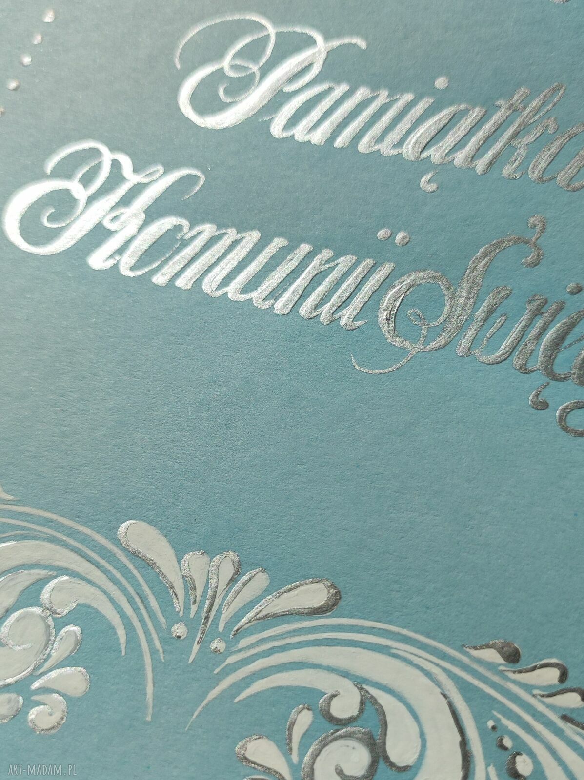 Ręcznie malowana kartka Pamiątka Komunii Świętej SILVER