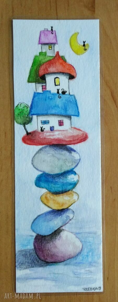 Ręcznie malowana zakładka do książki - Miasteczko 7 x 21,5 cm
