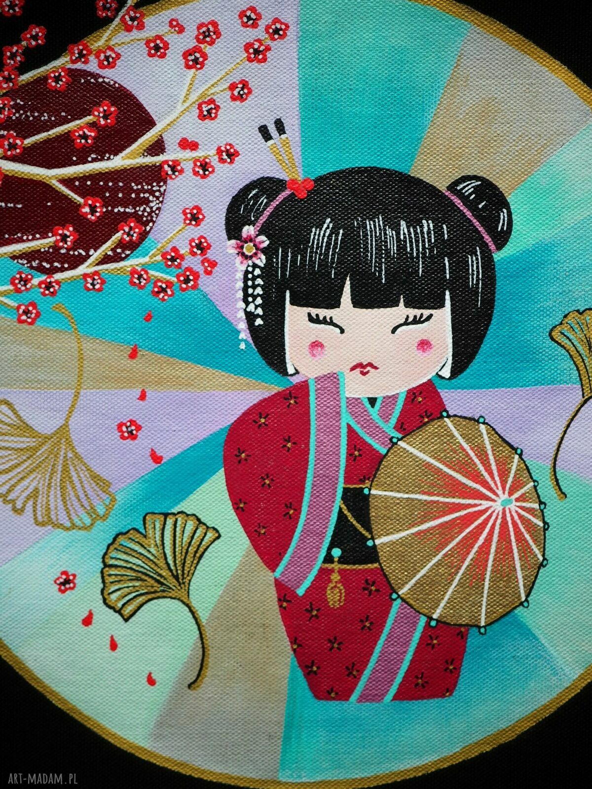Ręcznie malowana torba tote Kokeshi DOLL - na zakupy i na prezent