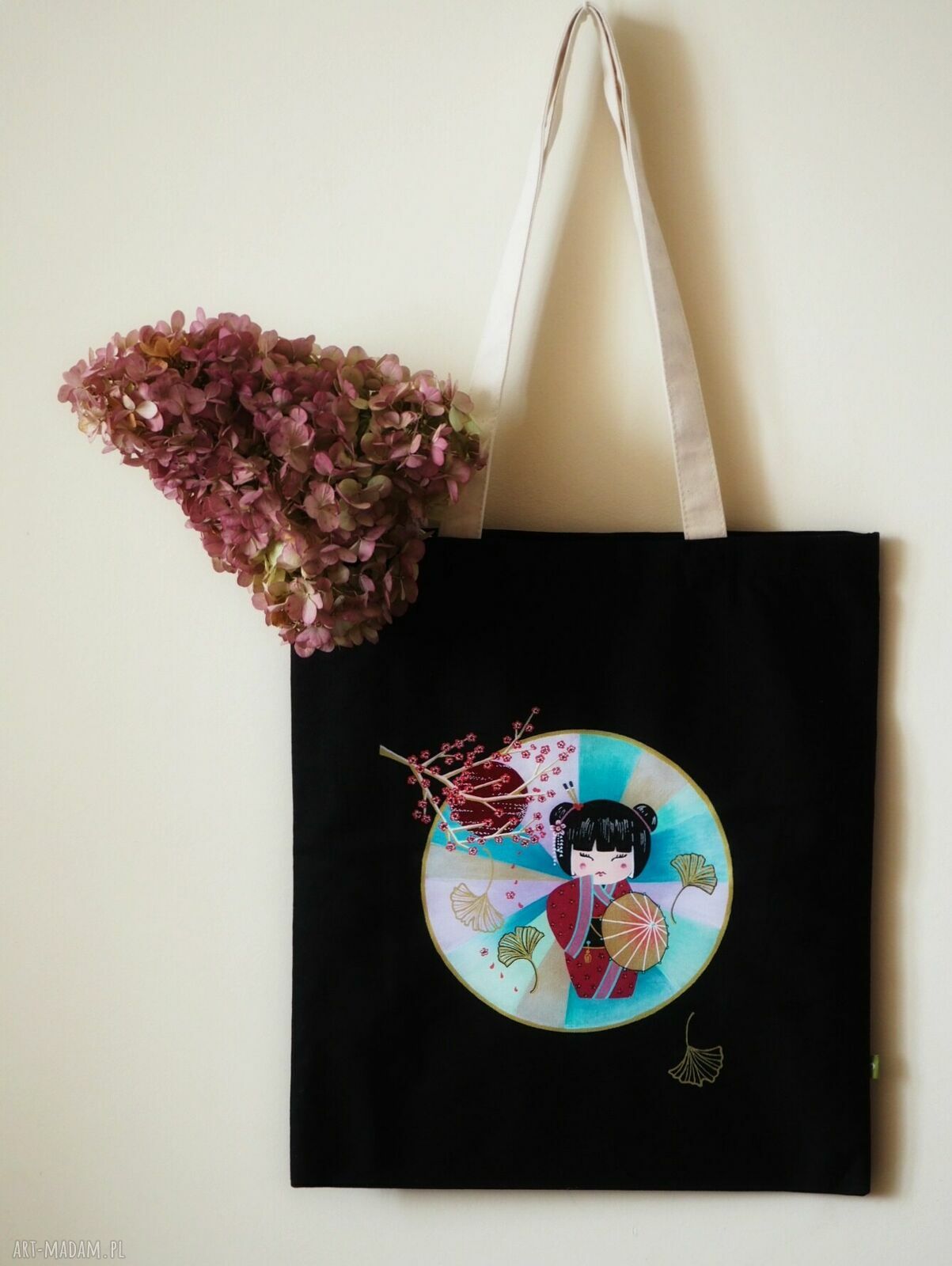 Ręcznie malowana torba tote Kokeshi DOLL - na zakupy i na prezent