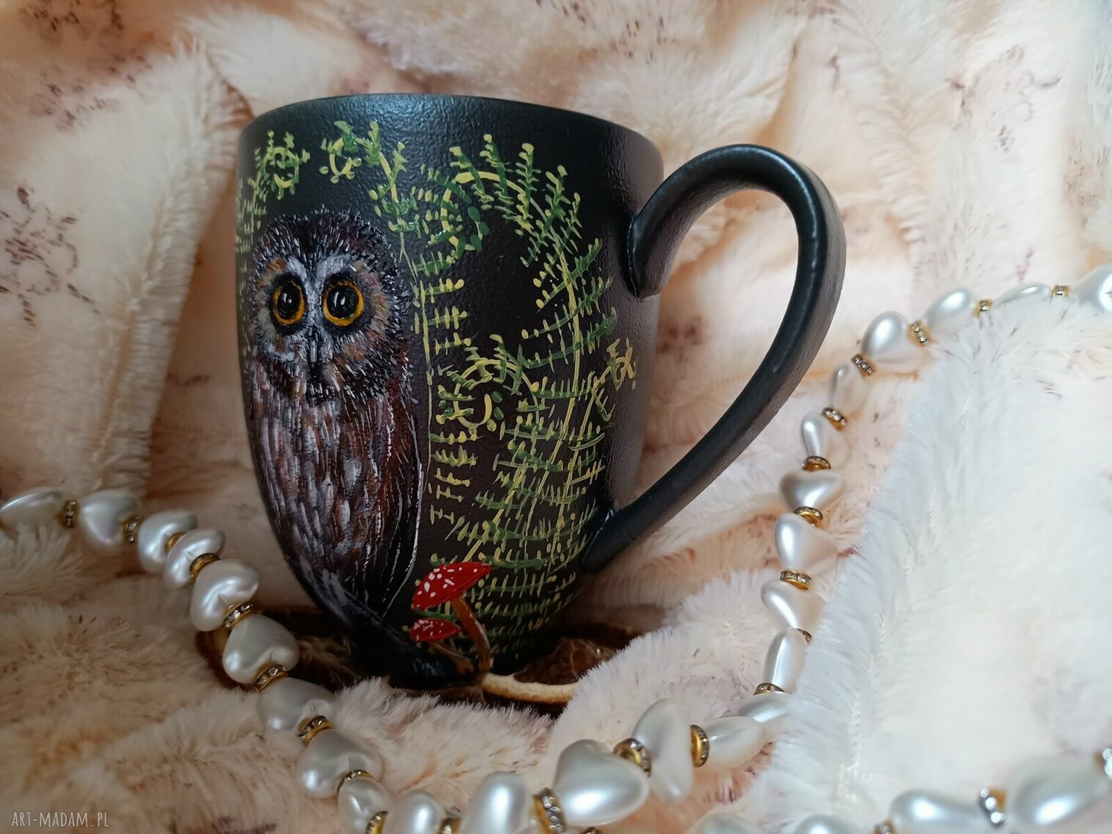 Ręcznie malowana sówka i runo leśne - kubek z porcelany 400 ml