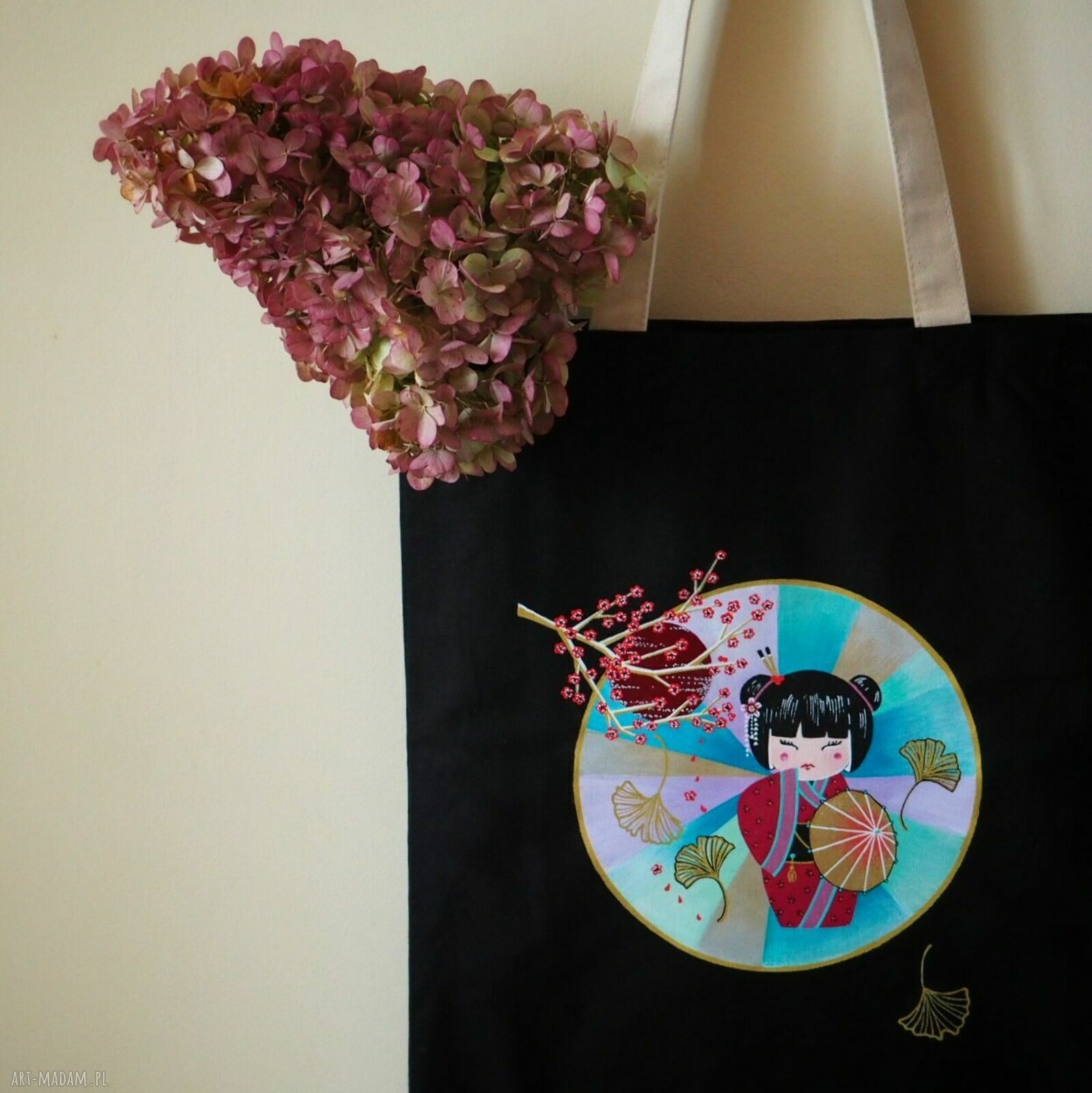Ręcznie malowana torba tote Kokeshi DOLL - na zakupy i na prezent