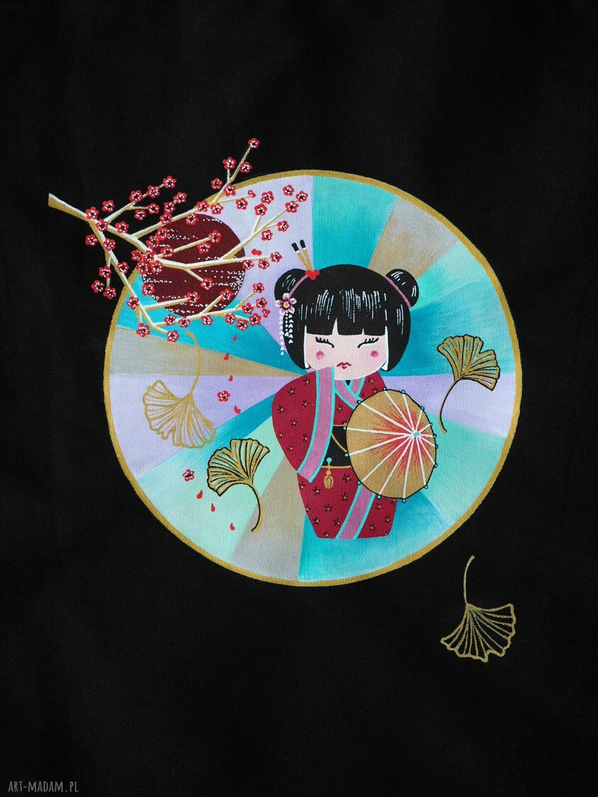 Ręcznie malowana torba tote Kokeshi DOLL - na zakupy i na prezent
