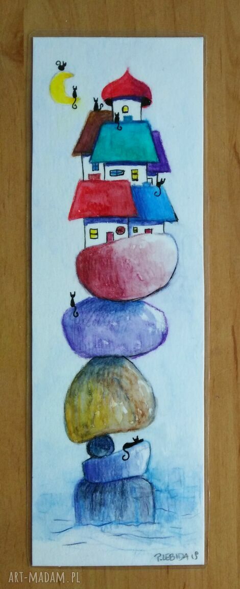 Ręcznie malowana zakładka do książki - Miasteczko z kotami (7 x 21,5 cm)