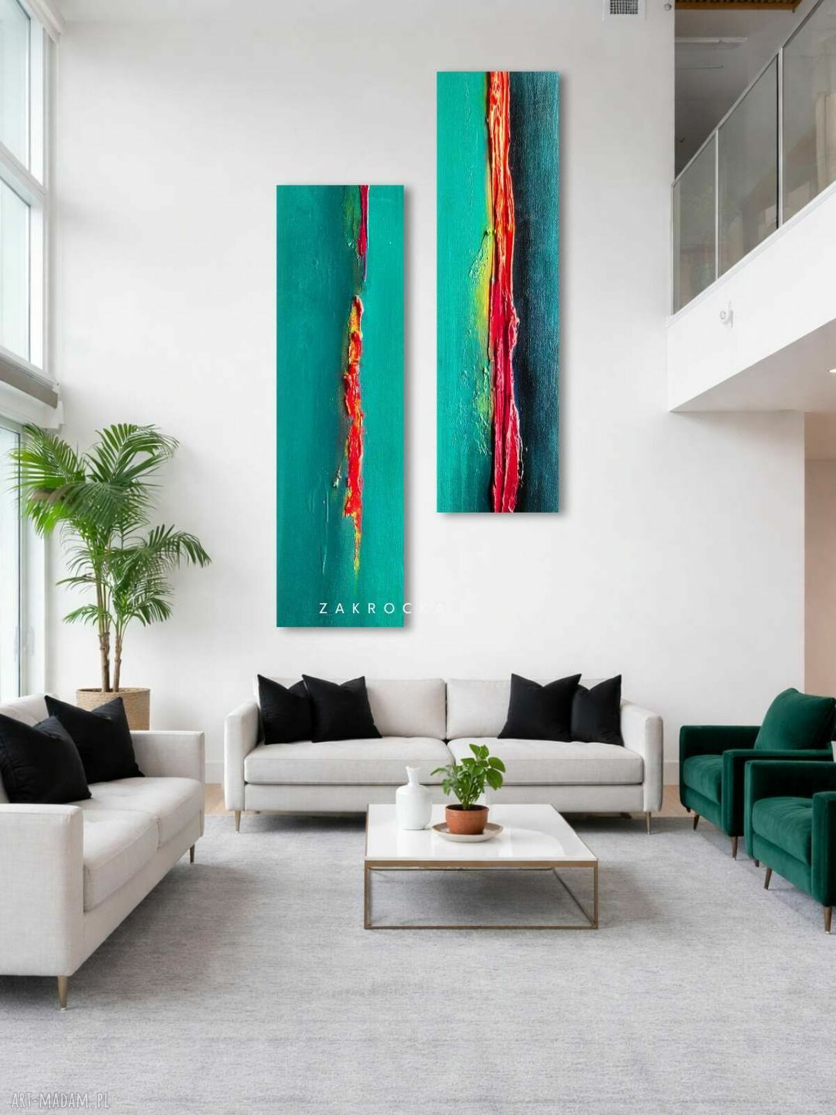Turkusowy dyptyk strukturalny - komplet 2 ręcznie malowanych obrazów 40x180 cm