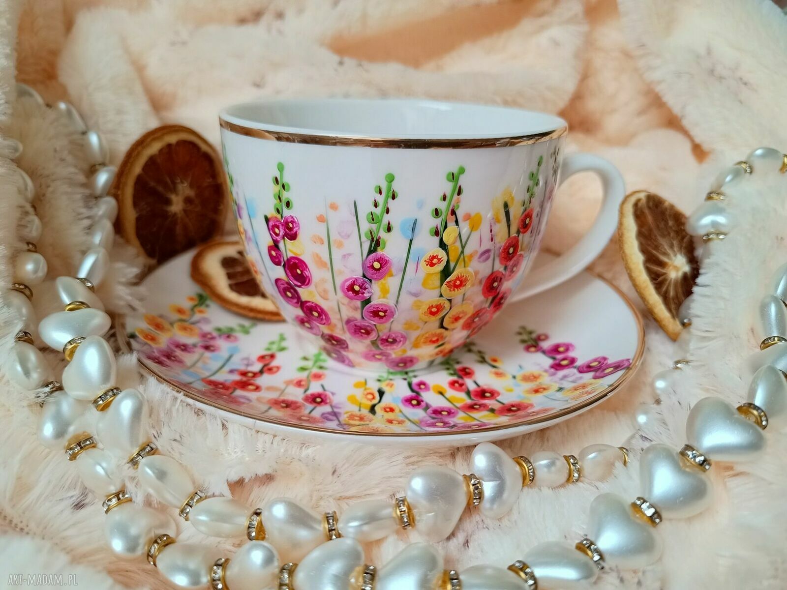 Porcelanowy komplet z malwami - ręcznie malowane 200 ml