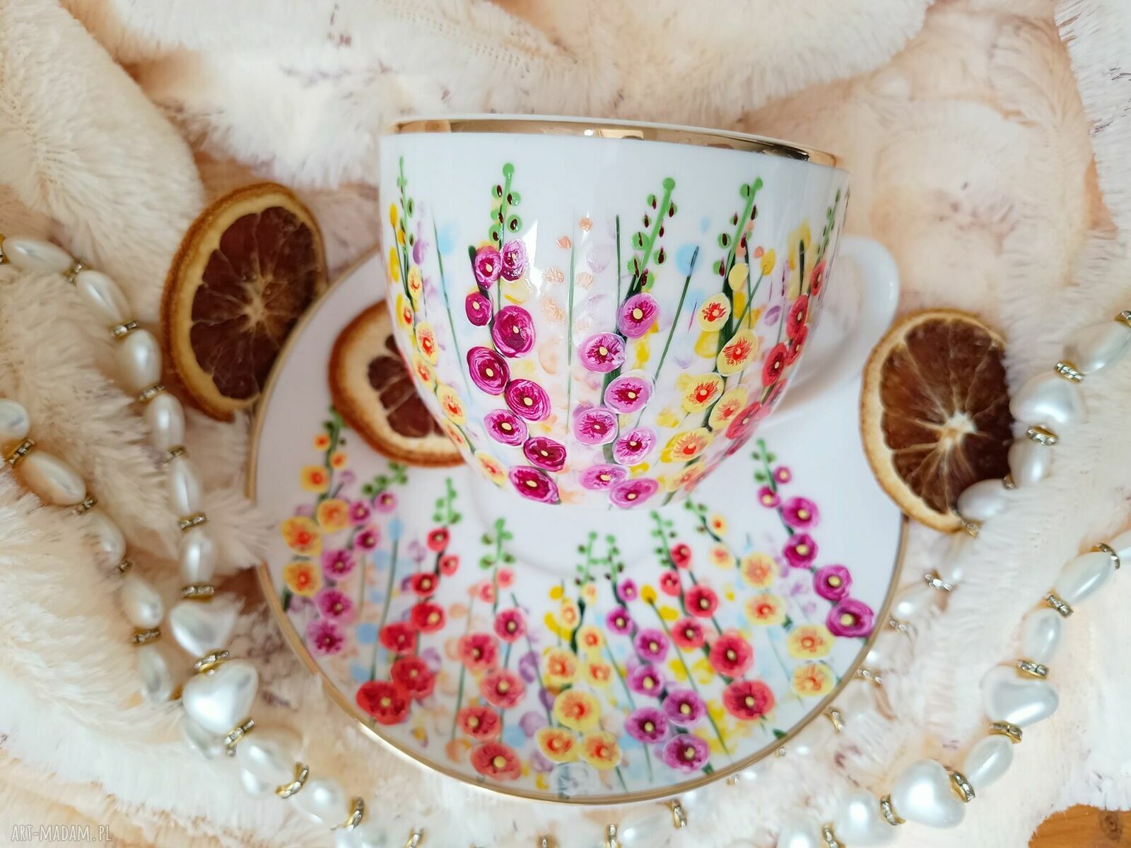 Porcelanowy komplet z malwami - ręcznie malowane 200 ml