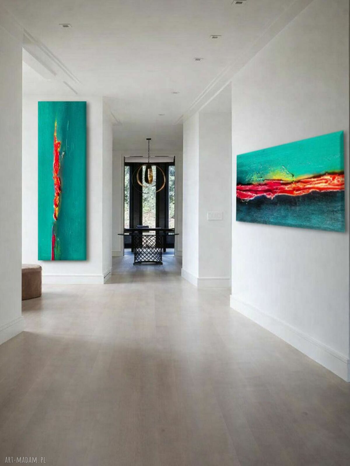 Turkusowy dyptyk strukturalny - komplet 2 ręcznie malowanych obrazów 40x180 cm