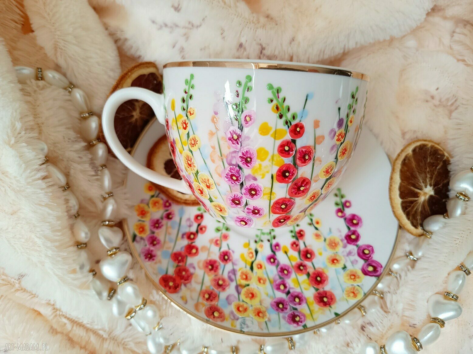 Porcelanowy komplet z malwami - ręcznie malowane 200 ml