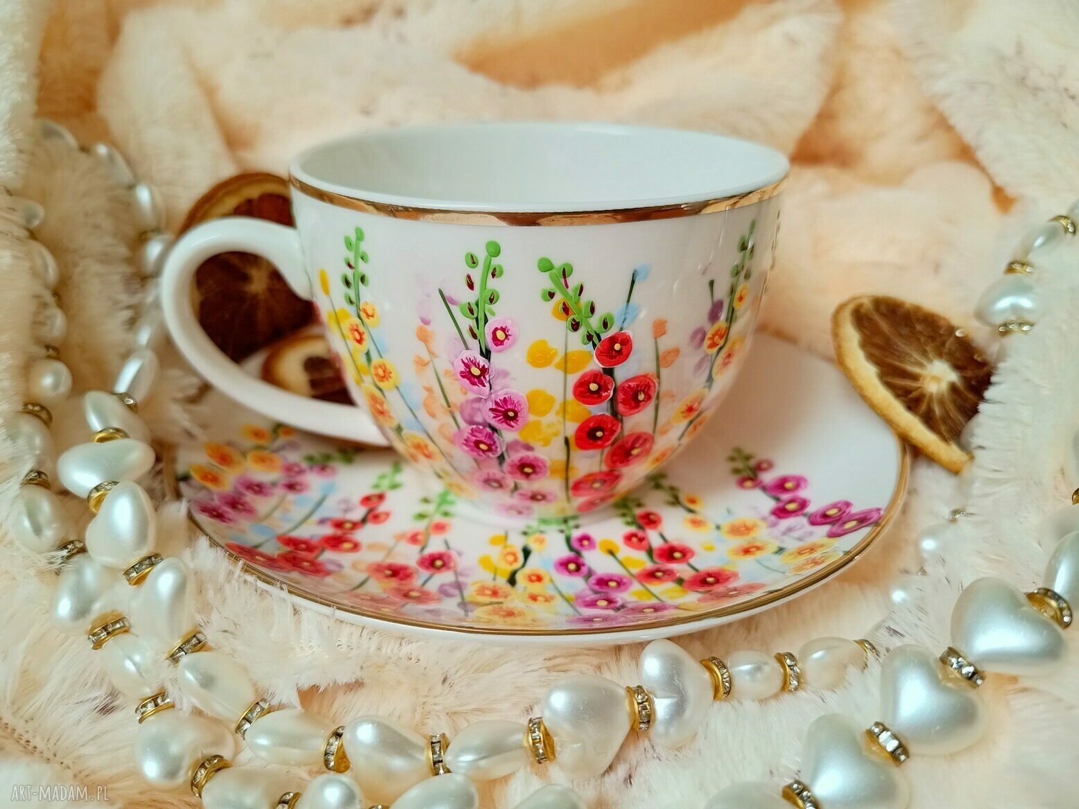 Ręcznie malowane malwy - komplet porcelanowy 200 ml