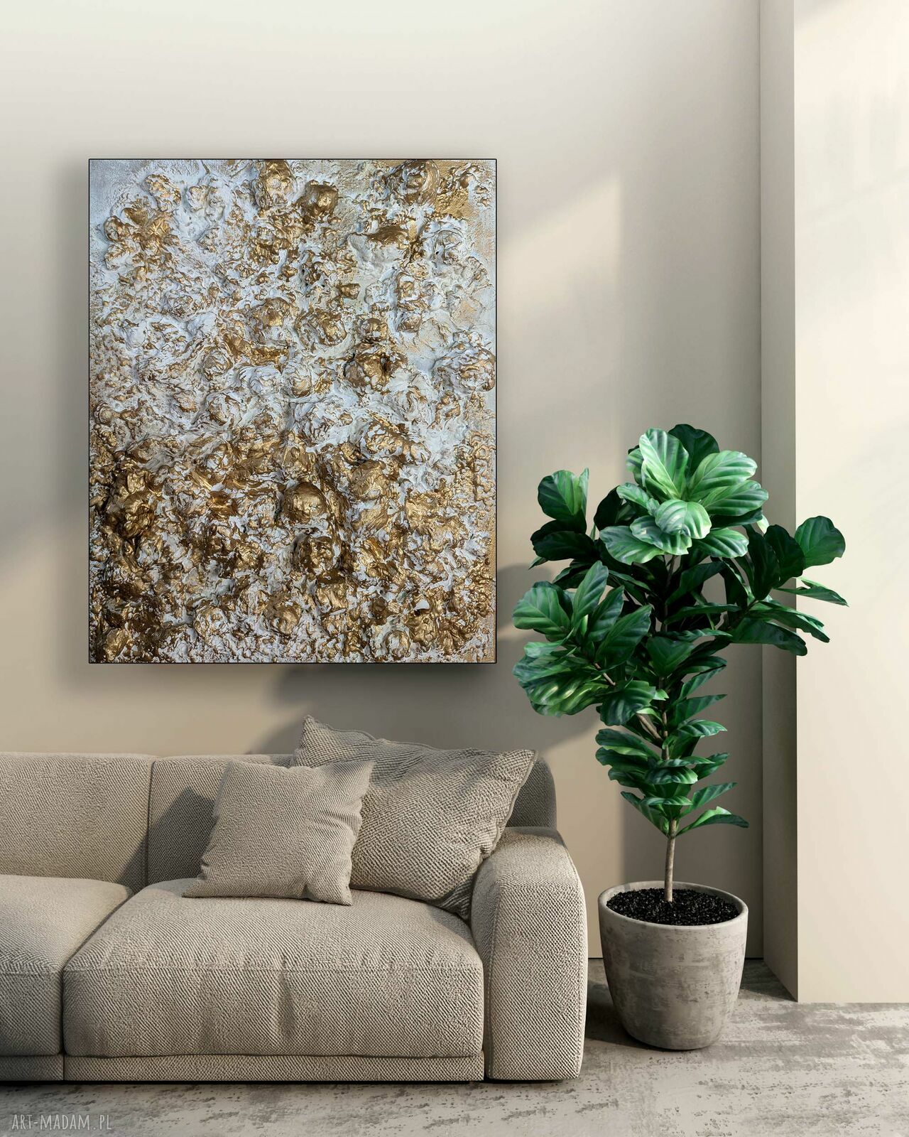 Ręcznie malowany obraz strukturalny 3D XXL - płaskorzeźba 70x100 cm, biel, krem i złoto