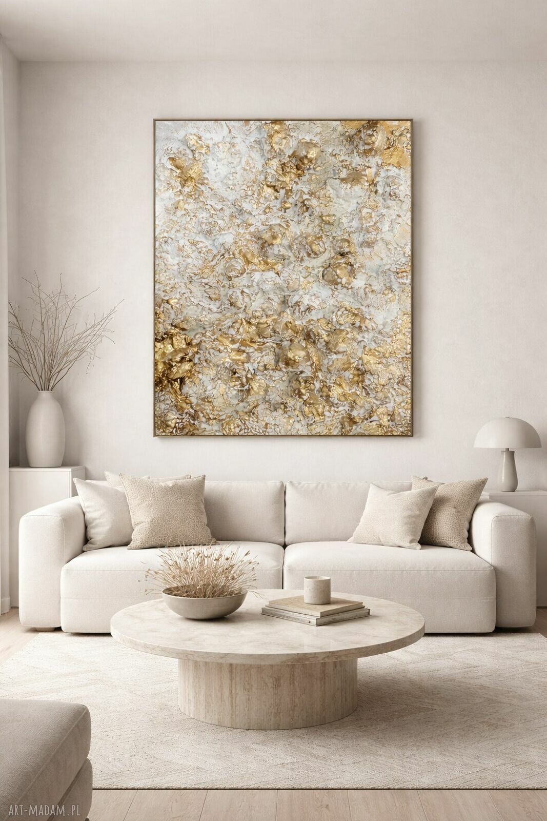 Ręcznie malowany obraz strukturalny 3D XXL - płaskorzeźba 70x100 cm, biel, krem i złoto