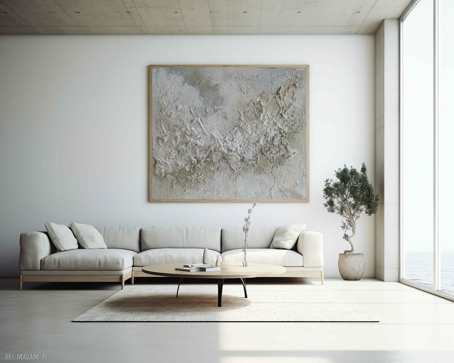 Ręcznie malowany obraz strukturalny 100x140 cm na płótnie - biel, beż i szampańskie złoto