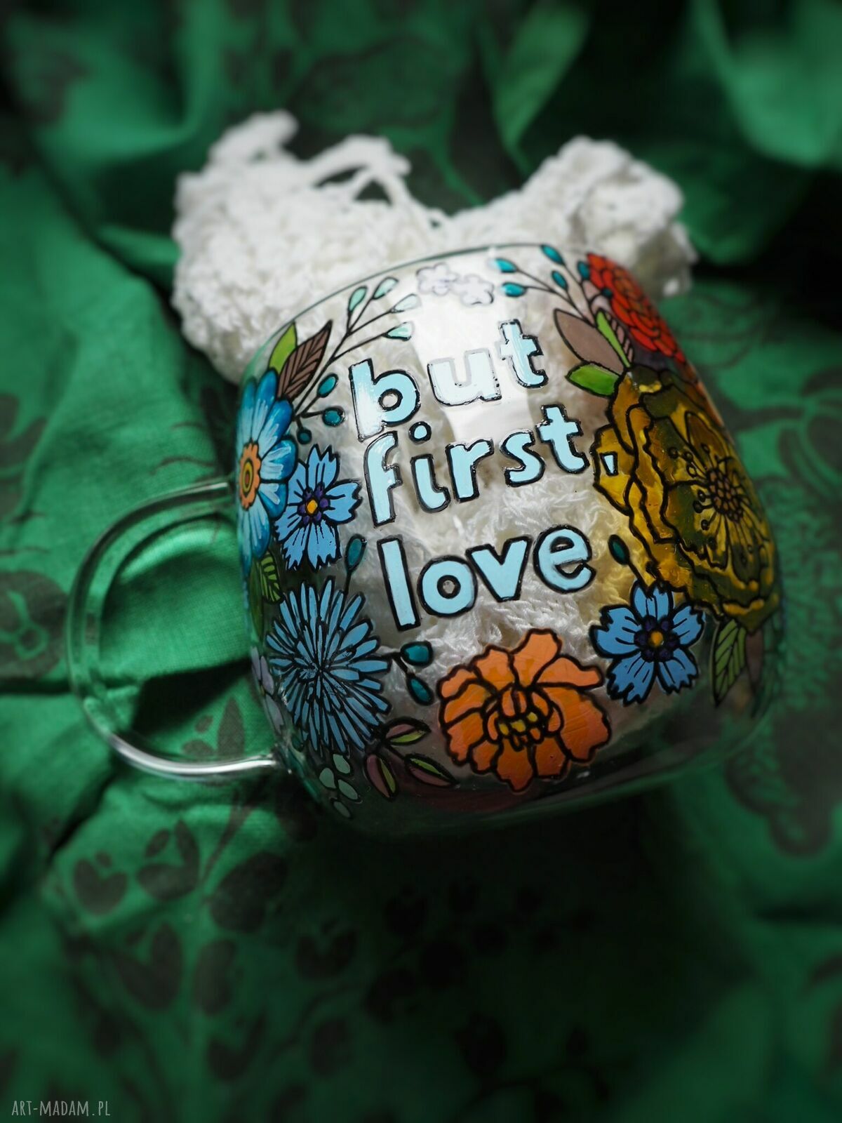 Ręcznie malowany szklany kubek LOVE blue 300 ml