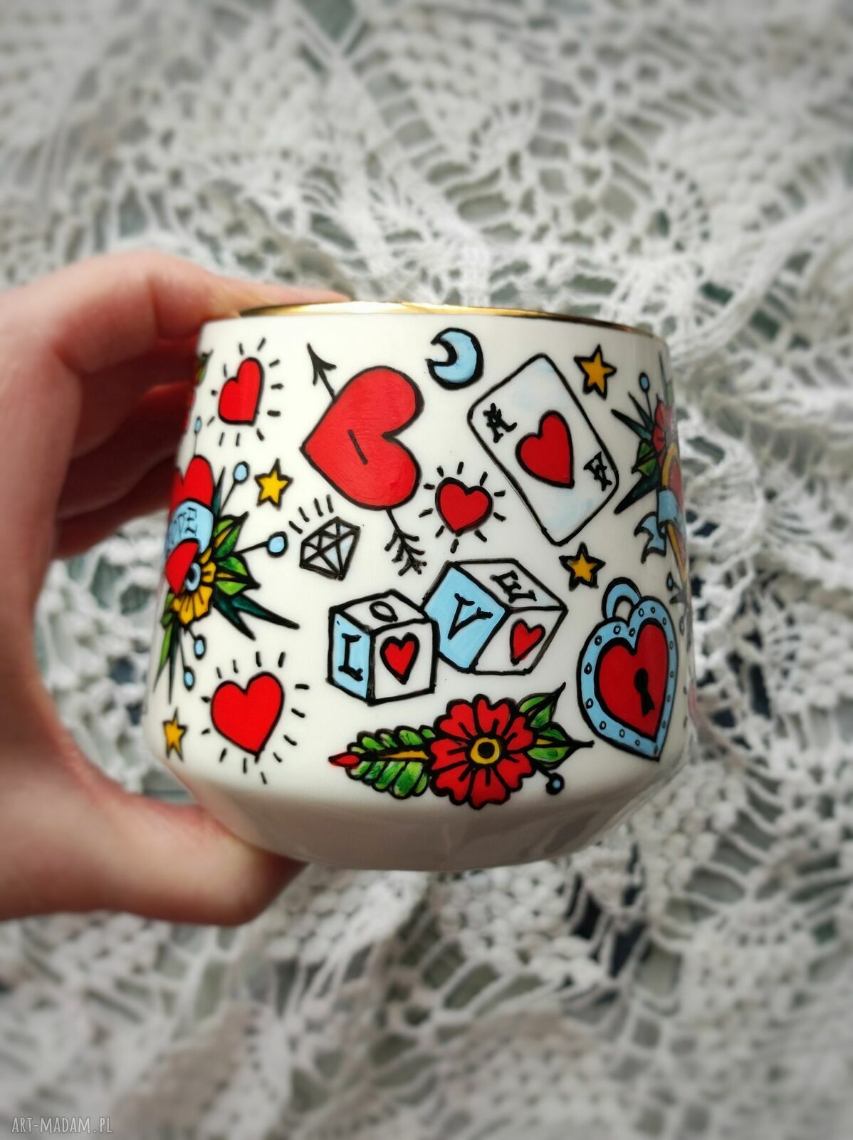Ręcznie malowany kubek old school tattoo - serce (460 ml)