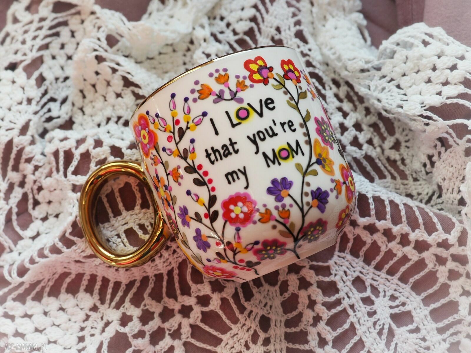 Ręcznie malowany kubek dla Mamy Love Mom z malowanej porcelany