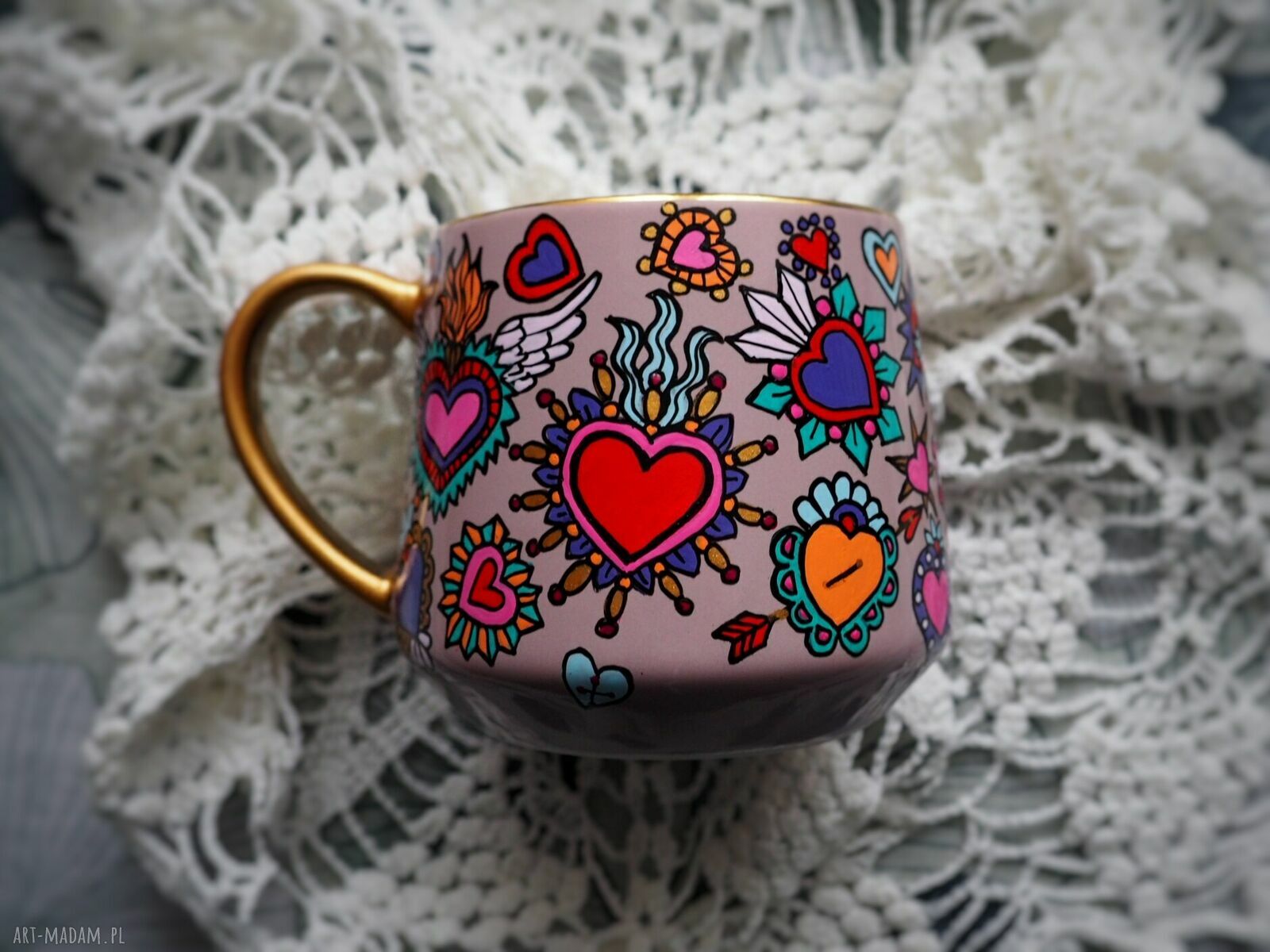 Ręcznie malowany kubek porcelanowy SERCE - prezent na Walentynki